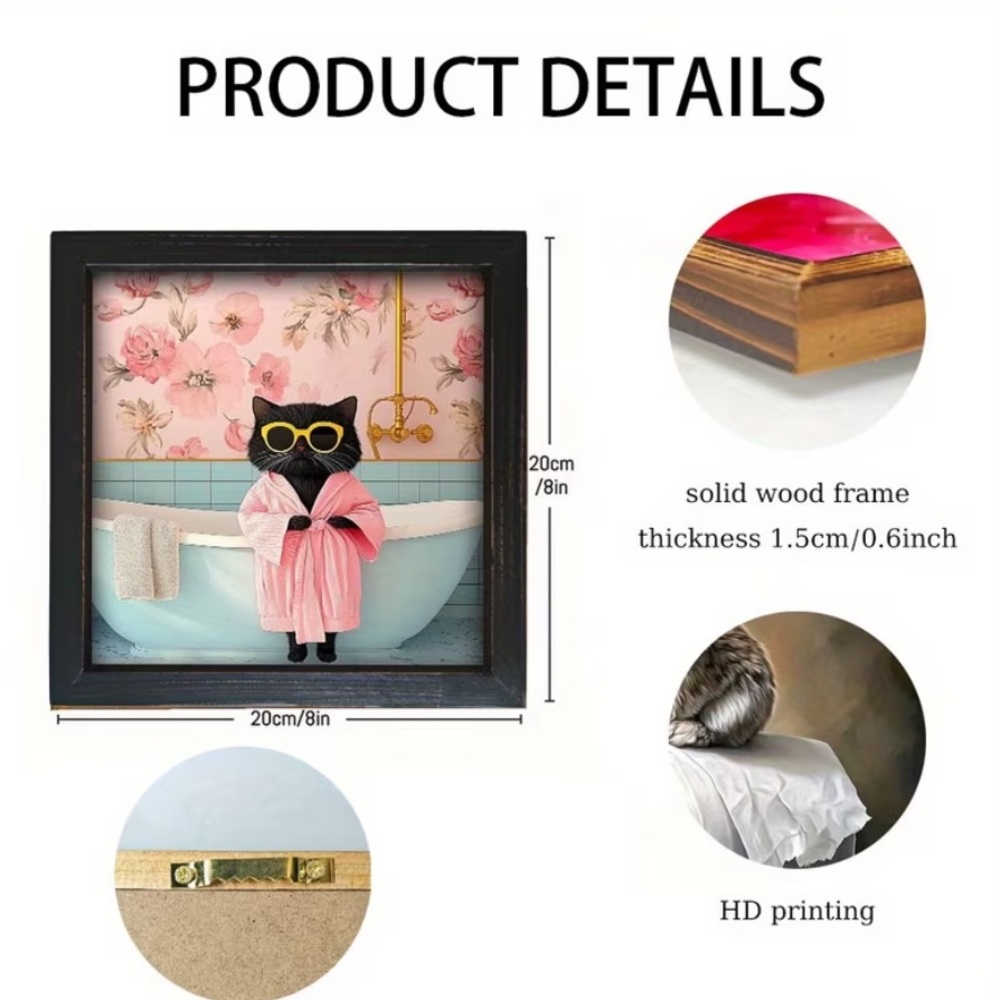 Framed Wooden Black Cat Art in Pink Robe with Bathtub Wall Decor 8x8” NWT - Picture 7 of 7